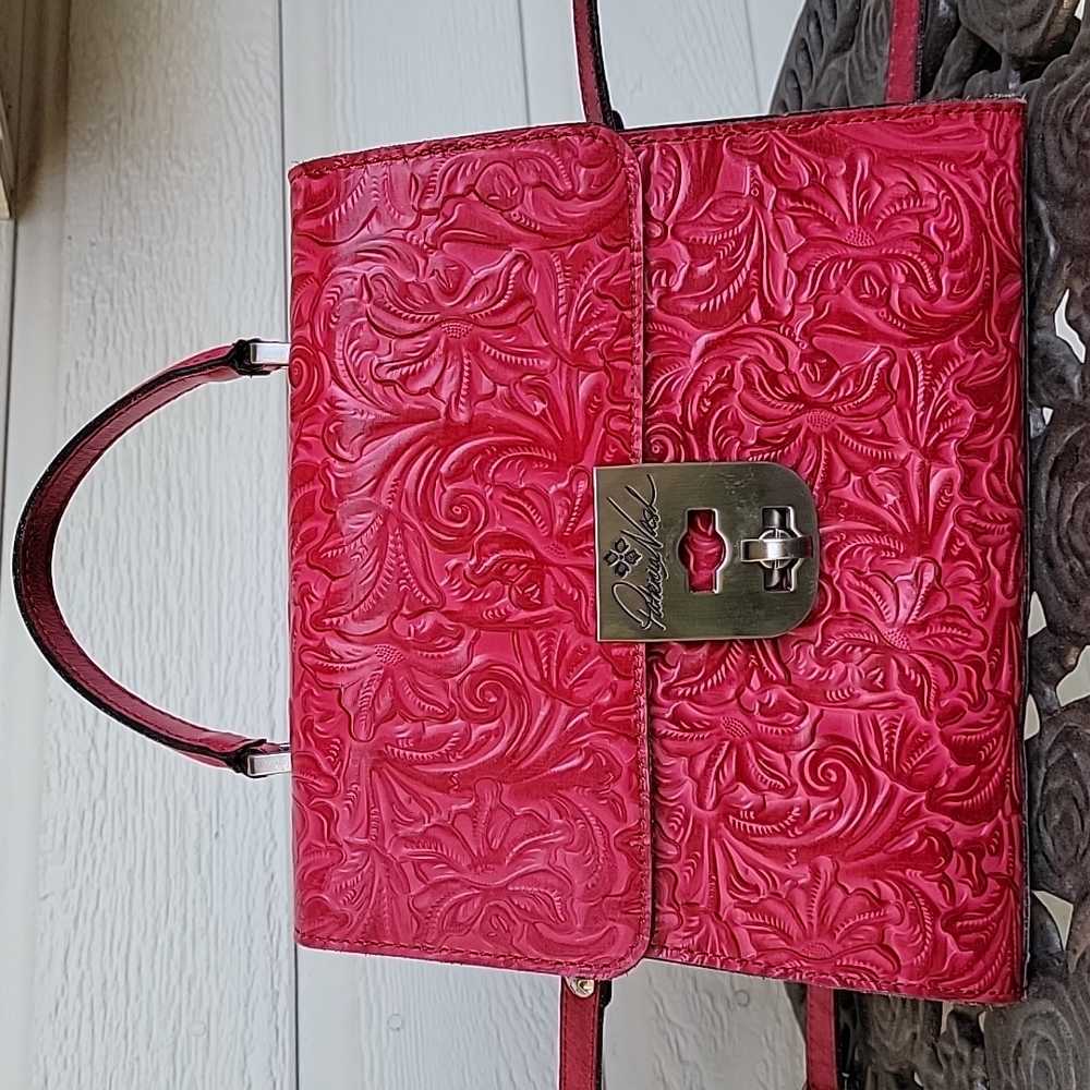 Patricia Nash Chauny Satchel Magenta Leather Tooled Handbag Purse.